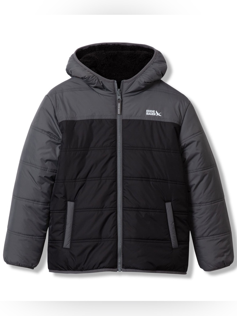 Eddie Bauer Boys Black Gray Deer Harbor Reversible Hooded Jacket (Size M 10/12)